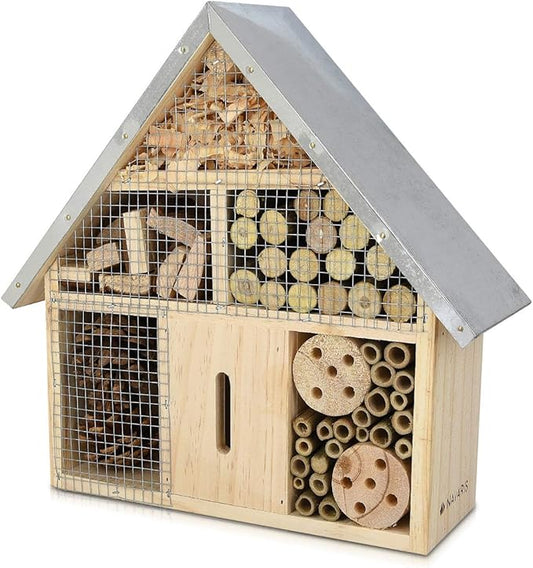 Navaris M Wooden Insect Hotel - 10 x 11 x 3 Inches - Natural Wood Insect Home Bamboo Nesting Habitat - Garden Shelter for Bees, Butterflies, Ladybugs