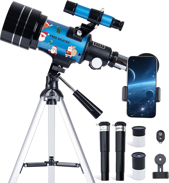 FREE SOLDIER Telescope for Kids 70mm Aperture Astronomical Refractor Telescopes for Beginners (15X-150X) 300mm Telescope for Adults High Powered with A Phone Adapter & A Wireless Remote (Blue)