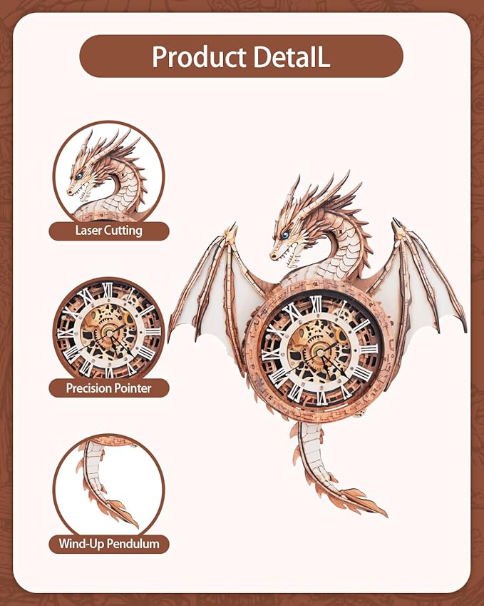 3D Puzzles for Adults, 3D Puzzle Dragon Clock Kit (with Pendulum), Wooden Puzzles for Adults Home Wall Decor Dragon Clock Christmas Day Puzzle Gifts for Men Women
