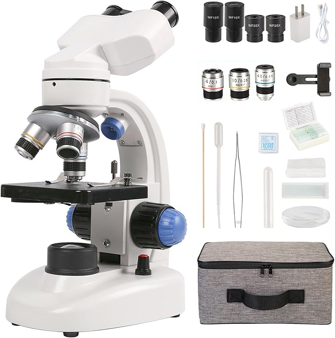 Binocular Microscope 40X-1000X LED Lighting for Kids Students Adults School Lab Home Education with Microscope Slides Set,Phone Adapter