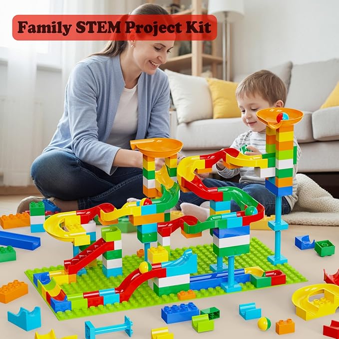 Marble Run Building Blocks for Kids Age 3-8, 128 Pcs STEM Building Bricks Set with Toss Ring Game, Educational Learning Toys for Toddlers Boys Girls Gifts- Compatible with All Major Brands