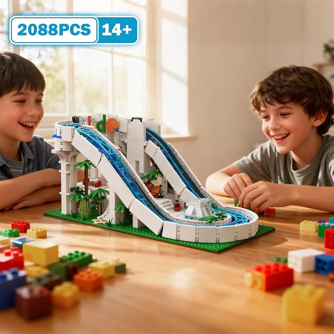 Sosuy Water Slide Building Blocks Sets, 2088+ Pcs Motorized Aqua Coaster Model with Ride Cars Tropical Theme, Toy for Boy Teens Adults, for Adult Kids Boys Girls 8+