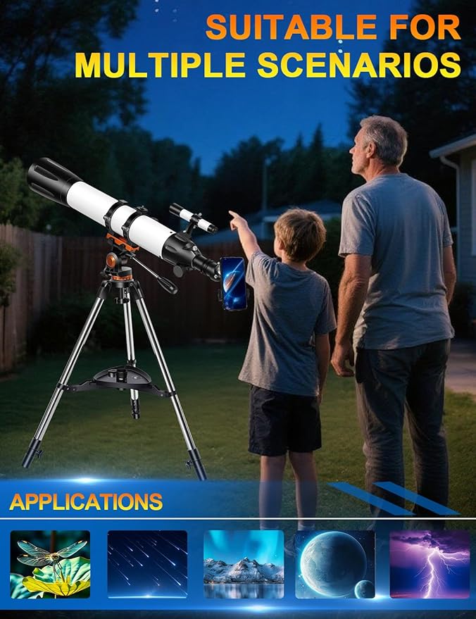 Telescope for Adults High Powered 90mm Aperture 800mm(32X-240X),Refractor Telescopes for Astronomy Beginners with AZ Mount Tripod,Phone Adapter,Carry Bag