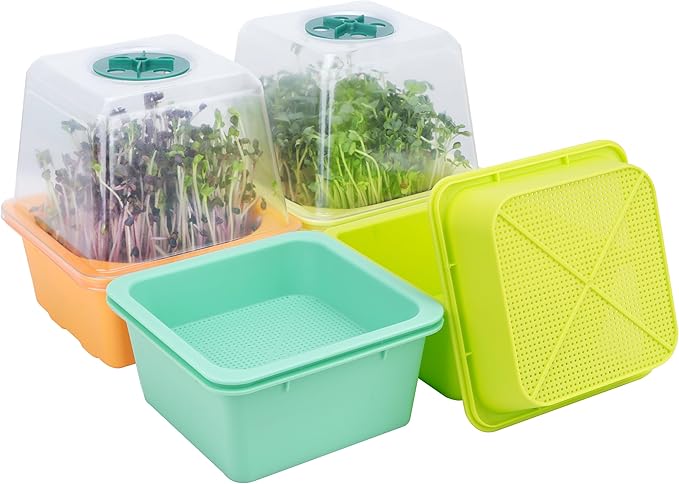 Microgreen Growing Trays, 5" x 5" Sprouting Tray with Humidity Dome, 1.2 mm Small Mesh Holes, BPA Free, Sprouter Kit for Growing Mirco Seeds, Like Broccoli, Alfalfa, Radish, Clover - 4 Pack | Colorful