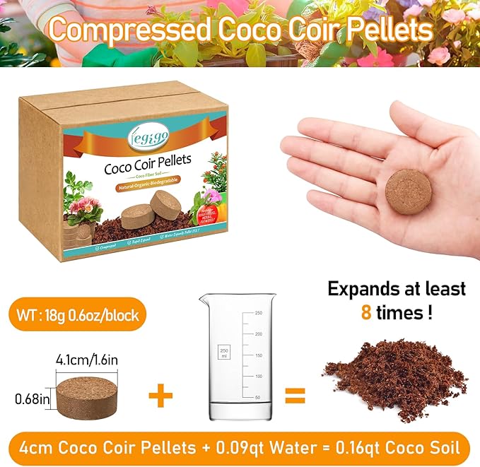 Legigo 100 PCS 40mm Coco Coir Pellets Potting Soil Mix- Compressed Coconut Coir Discs Seed Starting Soil Pellets, Coco Peat Soil Pods for Indoor & Outdoor Plants, Gardening Herbs Bonsai and Vegetables