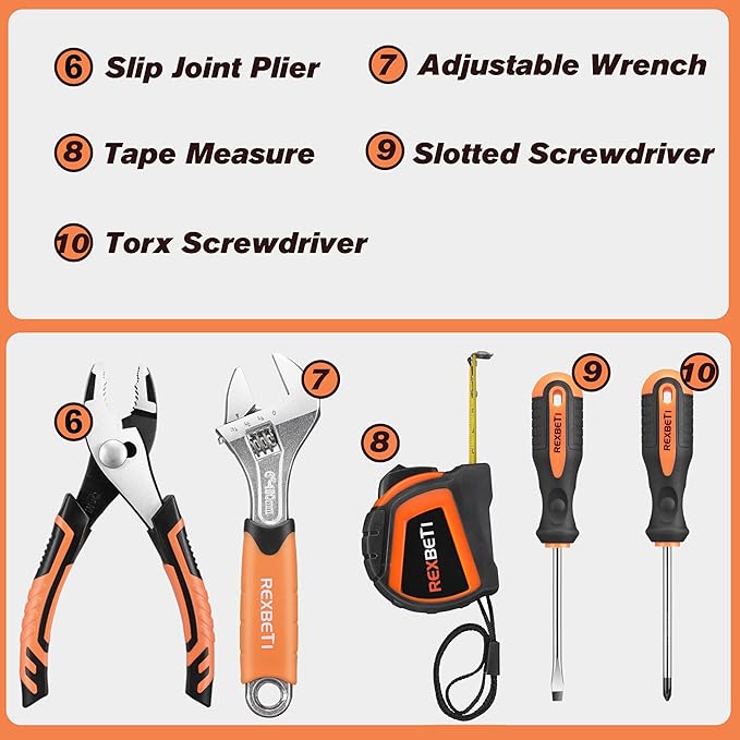 REXBETI 10-Piece Kids Tool Set with Real Hand Tools, Orange Durable Storage Bag, Children Learning Tool Kit for Home DIY and Woodworking, 6+ Years Old Birthday Gift