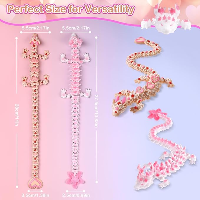 3D Printed Dragon Cherry Blossom and Heart Cookie Dragons, Articulated Fidget Toys for Autism and ADHD, Perfect Basket Essentials Stuffers and Desk Accessories
