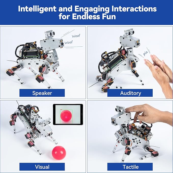 SunFounder PiDog AI Robot Dog Kit for Raspberry Pi 5/4/3B+/Zero 2W, LLMs ChatGPT-4o/Gemini/Grok, Voice&Video Recognition, Python, App Control, Battery, Gyroscope, Camera (RPI NOT Included)