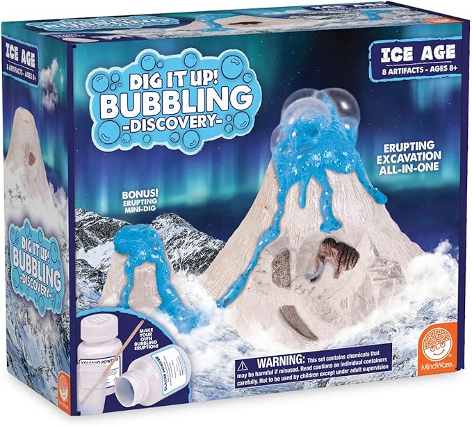 MindWare Dig It Up! Bubbling Ice Age Discovery: Glacial Volcano Fossil Discovery Dig Kit – Make The Volcano Erupt and Then Excavate 7 Artifacts – Educational Activity for Kids & Teens – Ages 8 & Up