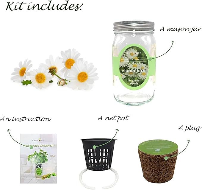 Hydroponic Herb Growing Kit, Self-Watering Mason Jar Herb Garden Starter Kit Indoor, Windowsill Herbs Garden, Grow Your Own Herbs from Organic Seeds (Chamomile)