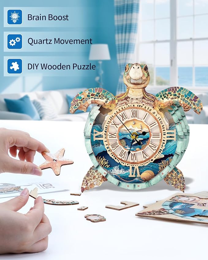 3D Puzzles for Adults, 3D Puzzle Sea Turtle Clock Kit (with Pendulum), Wooden Puzzles for Adults Home Wall Decor Clock Christmas Day Puzzle Gifts for Women Men