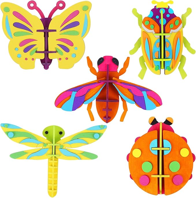 Glintoper Wooden Insect Crafts Painting Kit for Kids, 5 Piece Set 3D Insect Puzzle with Brushes & Paint, Gift for Boys Girls Age 3 4 5 6 7 8, DIY Your Own for Christmas Easter Birthday Party Favors