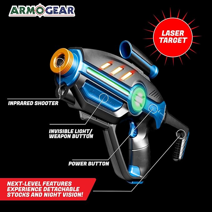 Laser Tag Set for Kids, Teens & Adults - 4 Blasters + 4 Vest Sensors with 4 Multi-Game Modes - Fun Ideas Age 8+ Year Old Toys - Includes Accessories - Boys & Girls Outdoor Teenage Group Activities
