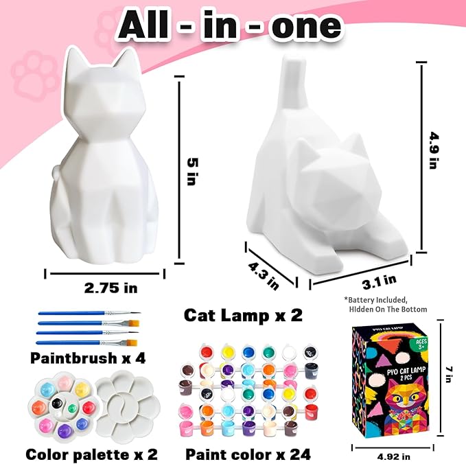 FUNZBO 2pcs Paint Your Own Cat Lamp Kit - Arts and Crafts Supplies Kitten Painting Kits for Kid Teen, DIY Night Light Toy for Toddlers Girl Boy Age 3 4 5 6 7 8 9 10 11 12 13 + Christmas Birthday Gifts