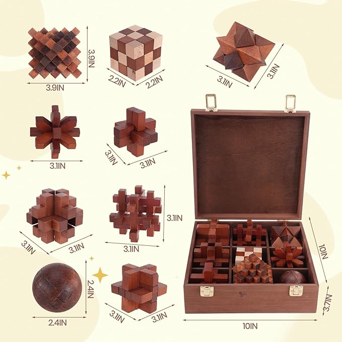 Wooden Brain Teaser Puzzles for Adults - Brain Teaser Puzzles with Wooden Box 3D Puzzle Game Toys for Adults Teens - Unlock Interlocking Puzzle Adults Teens IQ Education Smart Toys