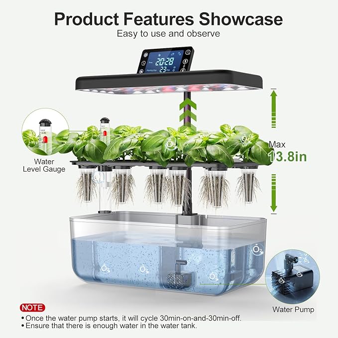 Hydroponic Growing System Kit with Operation Screen + 3 Free Seeds (Lettuce, Salad Mixed, Basil), 12 Pods Indoor Smart Gardening Herb Planter, 24W Full Spectrum LED Grow Light Growing System (Silver)