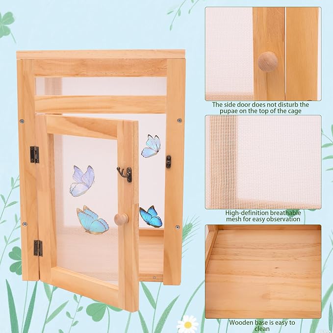 Butterfly Habitat Cage Kit - 15.7" Monarch Caterpillar House with Wooden Frame & Mesh Enclosure, Grow Tent for Hatching Butterflies, Kids Observation & Garden Insect Cages (Includes Guide)