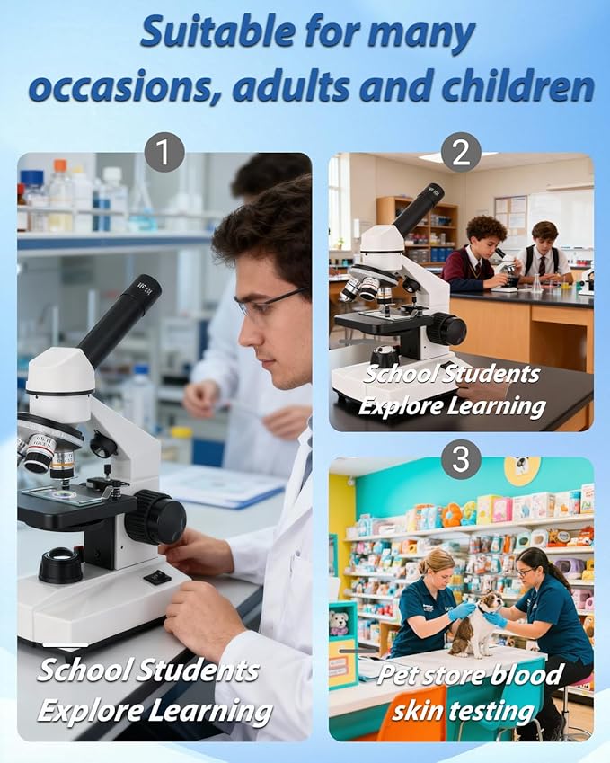 Compound Microscope, 2000x Magnification, with Smartphone Adapter, Slide Set, Dual LED Illumination System, Adult Microscope, Suitable for Beginners and Laboratory use (Monocular Microscope)
