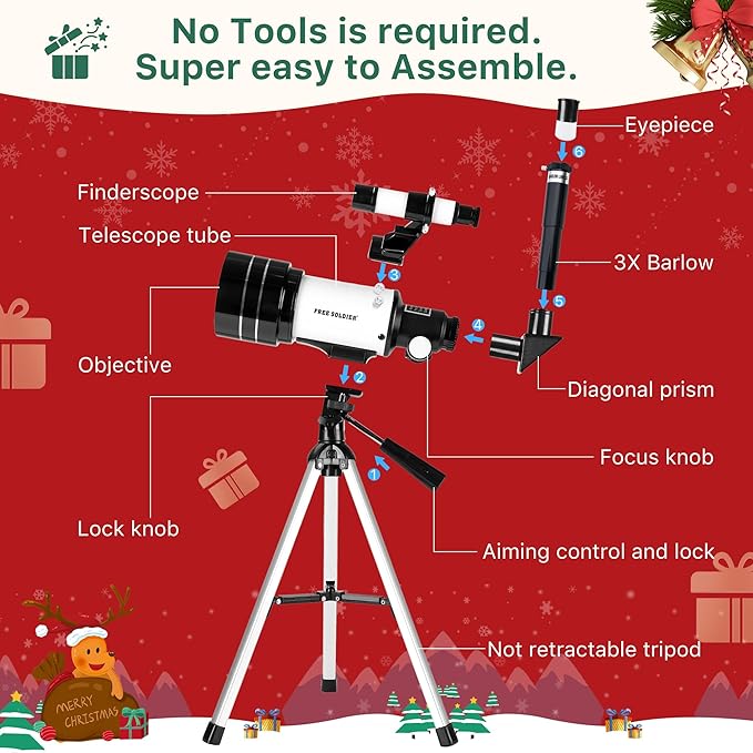 FREE SOLDIER Telescope for Kids 70mm Aperture Astronomical Refractor Telescopes for Beginners (15X-150X) 300mm Telescope for Adults High Powered with A Phone Adapter & A Wireless Remote (White)