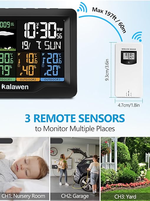 Kalawen Home Wireless Weather Station Multiple Sensors with Atomic Clock, Indoor/Outdoor Thermometer Wireless Humidity Barometer Monitor