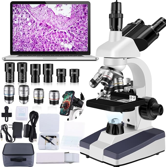 Trinocular Microscope 40X-5000X Magnification Microscope for Adults, Laboratory Grade with Dual Mechanical Stage and HD USB Camera