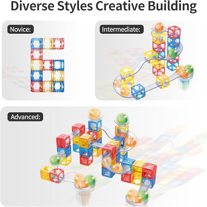 MIEBELY Magnetic Tiles, 112 PCS Magnetic Maze Building Blocks Toy for Kids with Glowing Ball, Magnet Marble Run Set, STEM Education Toddler Toy Building Block Gifts for Boys and Girls 3 4 5 6 7 8 9