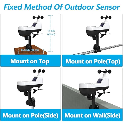 Weather Station Wireless Indoor Outdoor Sensor, Rain Gauge,Wind Speed/Direction, Temperature, Humidity, Air Pressure, Forecast, Moon Phase, Alarm Clock