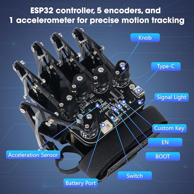 ESP32 Motion-Sensing Glove Supports Arduino, ACECode & Python，DIY Robotic Mechanical Hand STEM Toy Starter Kit Five Fingers Arm for Robot Kit Control, Science/Coding/Programming Set
