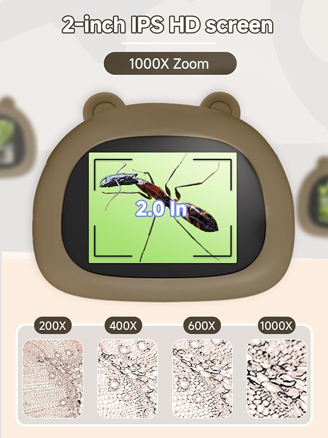 Microscope for Kids, 1000X Handheld Digital Miniscope with 2.0" Screen, Portable Pocket Microscope Education Toys Christmas Gifts for Age 3 4 5 6 7 8 9 10 Girls Boys