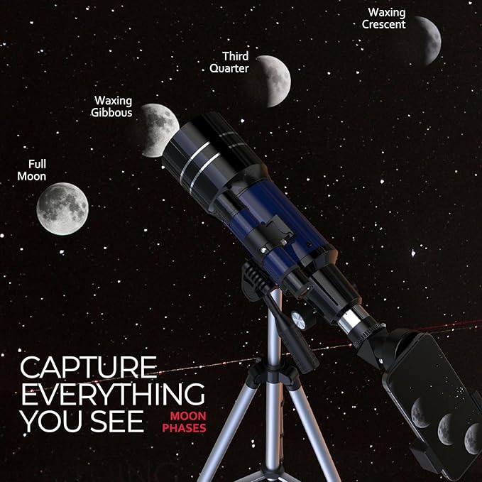 Telescope for Beginners & Kids, 70mm Aperture Refractor Astronomy Telescope with 300mm Focal Length, 15X-150X Magnification, Includes Full Accessory Kit & Tripod, Phone Adapter, Wireless Remote