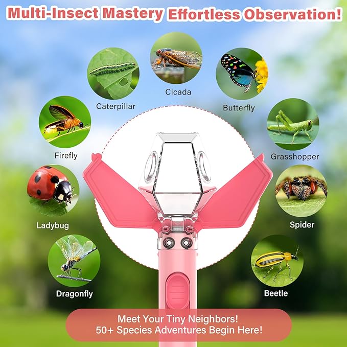 Bug Catcher for Kids, Insect Trap Kit with 6X Magnifier Glass - STEM Educational Exploration Tool for Indoor and Outdoor,Christmas Birthday Gifts Toys for Adults, Boys, and Girls (Pink 2PCS)