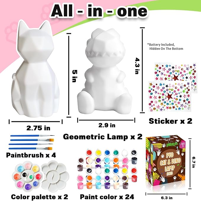 FUNZBO 2Pcs Paint Your Own Dinosaur & Cat Lamp - Arts and Crafts Supplies Painting Kits for Kids Teens, DIY Night Light Toy for Toddler Girls Boys Ages 3 4 5 6 7 8 9 10 11 12 Christmas Birthday Gifts