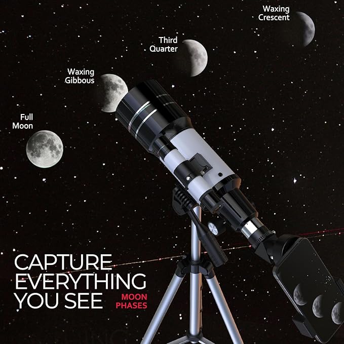 Telescope for Beginners, 70mm Aperture Refractor Astronomy Telescope with 300mm Focal Length, 15X-150X Magnification, Tripod, Phone Adapter, Wireless Remote
