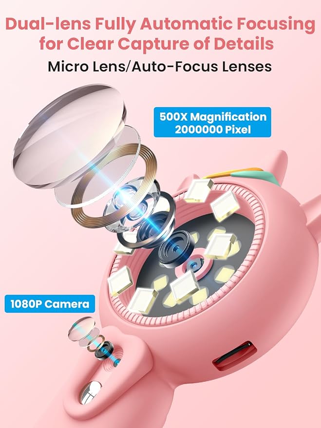 Microscope for Kids, Auto-Focus Handheld Digital Microscopes with 2.0" Screen, 8 LEDs Rechargeable Pocket Mini Microscope Christmas Gifts Educational Science Toys for Ages 5 6 7 8 9 10 11 12