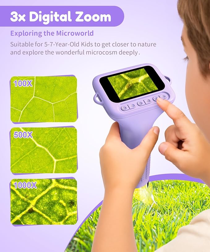USCAMEL Digital Microscope for Kids 5-7: 1000x Kids Handheld Microscope with Screen 2" inch Pocket miniscope with Slides Kit - for Children Toddler Student Nature Explorers Educational Toy(Purple)