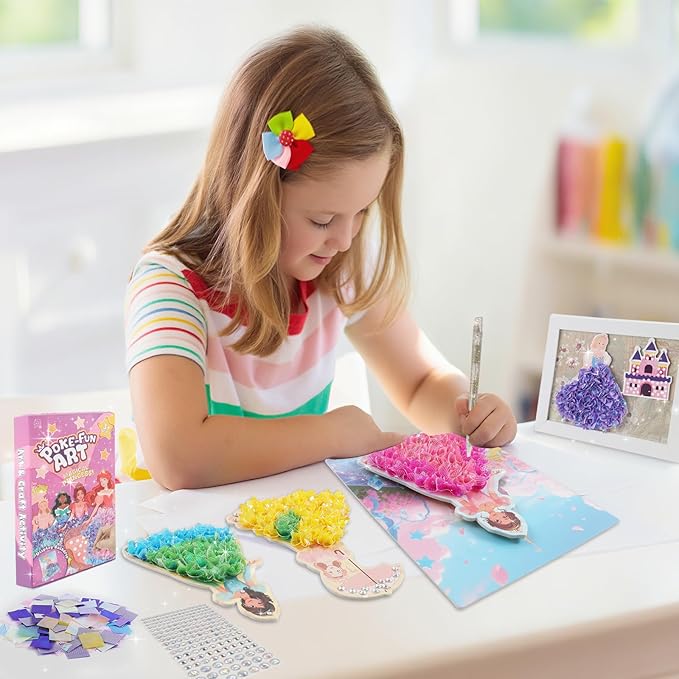 STAOVA 8 Pcs Poke in Art Kits for Girls, DIY Pretty Princess Game with Magical Princesses & 6 Pcs Accessories, Crafts for Kids Ages 4-8, 8-12 (Pink)