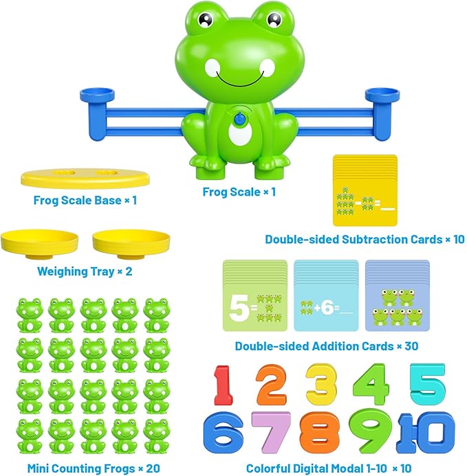 Frog Balance Math Game for Kids, Montessori STEM Counting Toy with 20 Frogs & 40 Double-Sided Cards, Educational Gift for Preschoolers Ages 3-8