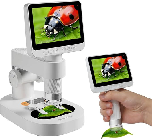 4'' IPS Handheld Pocket Digital Microscope with 100-1600X Screen, 1080P HD Portable Microscope with 8 Adjustable LED Lights