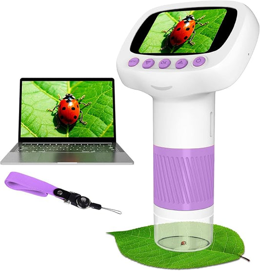 Pocket Kids Microscope for Over 3 Years Old, 1000X Handheld Microscope for Kids w/2''IPS Digital, Photo Video Mini Portable Microscopes, Science Edu Digiscope, Idea for Kids