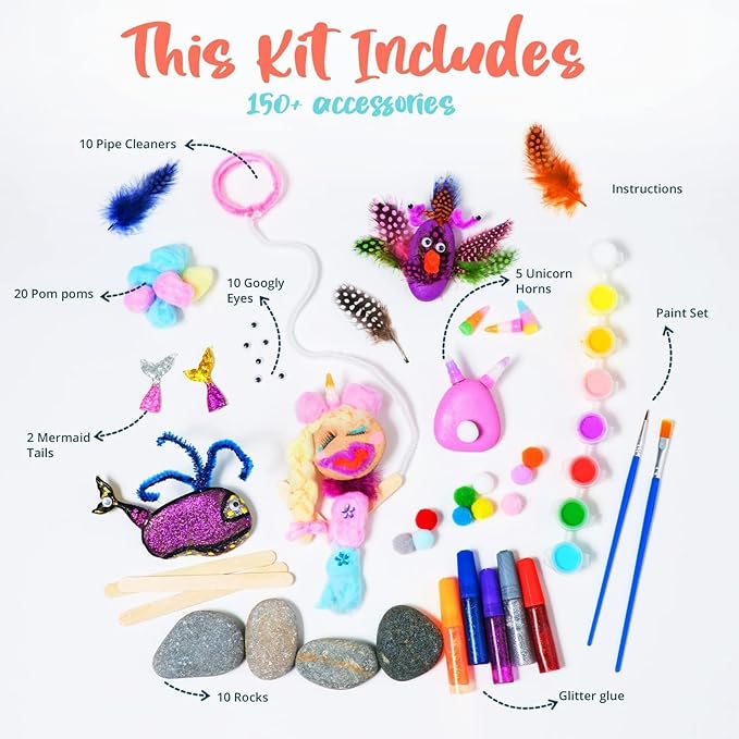 BRYTE Rock Painting Kit - Magical Creatures, Pink, 150+ Pieces - Waterproof Acrylic & Craft Paints, Brush - DIY Rock Art Kit with Art Supplies for Kids Ages 6-12