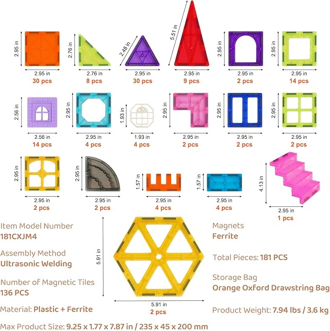 VEVOR Magnetic Tiles, 181 PCS Magnetic Blocks for Kids, Magnet Building Set with Car Bases/Ferris Wheel/Letter & Digital Cards, STEM Construction Stacking Toys for Toddlers Boys Girls Aged 3 Years