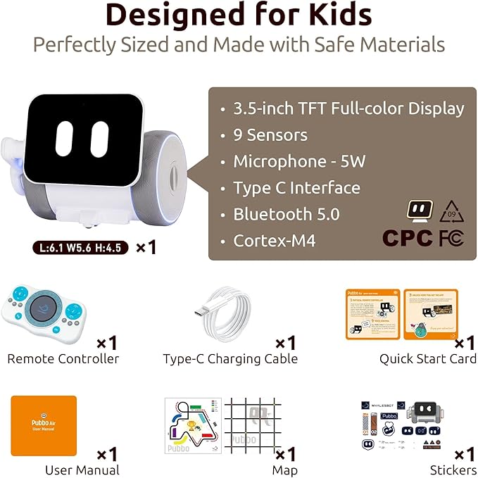 WhalesBot Pubbo Air Smart Robot Kit for Kids 6 7 8 9 10, Voice/Touch/Remote Control, Interactive Companion Robotic with 9 Sensors, Modular/Scratch Coding, STEM Educational Toy Gift for Boys Girls