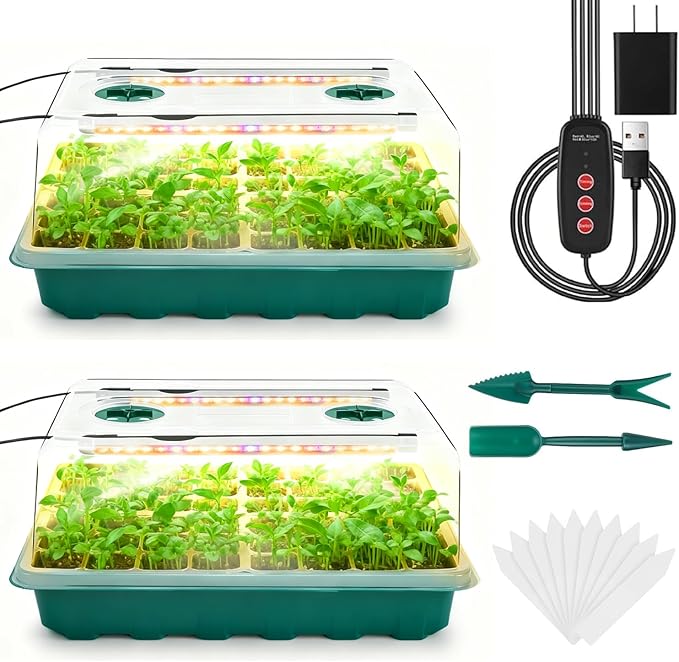 Seed Starter Tray with Grow Light, 96-Cell Seed Starter Kit, Seedling Starter Trays with Humidity Domes, Automatic Timer, Adjustable Light Indoor Gardening Plant Germination Trays