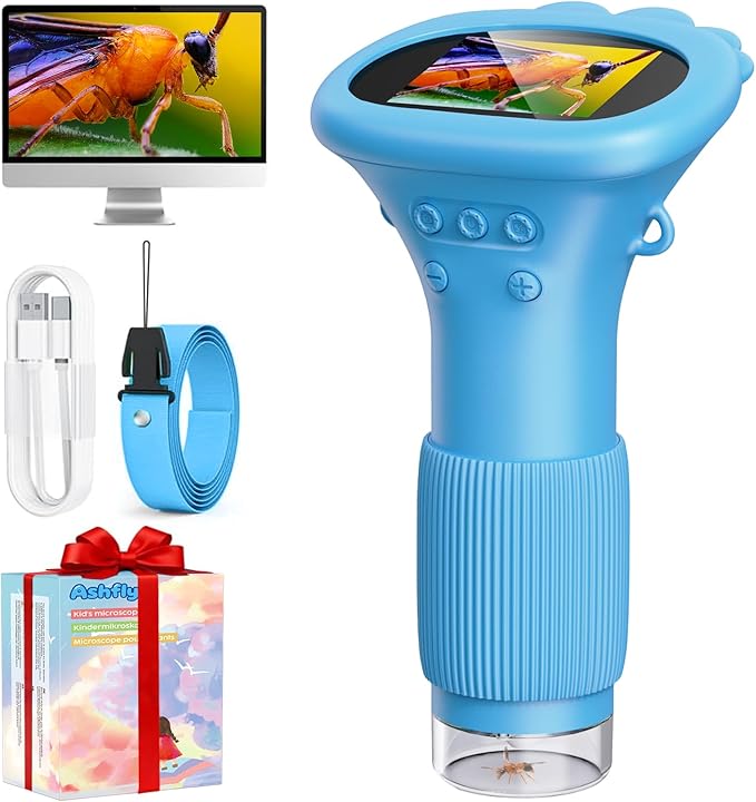 Kids Microscope, Pocket Portable Microscope with 2'' Inch Screen - Powerful Handheld Microscopes Bug Magnifier Glass with Light, Ideal Christmas Birthday Gifts for Age 3-12 Boys - Blue