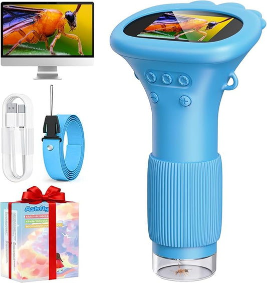 Kids Microscope, Pocket Portable Microscope with 2'' Inch Screen - Powerful Handheld Microscopes Bug Magnifier Glass with Light, Ideal Christmas Birthday Gifts for Age 3-12 Boys - Blue