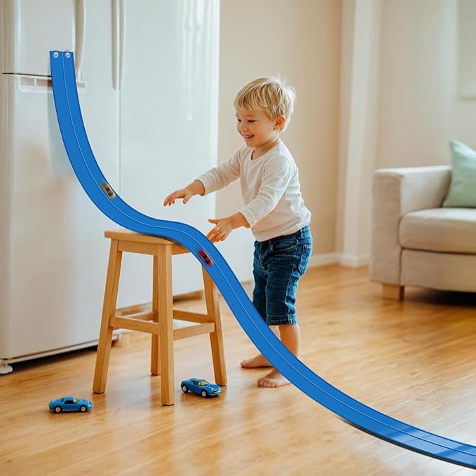 Flex Track 15 Ft Starter Set, Flexible Race Car Ramp Track for Ages 3 & Up with Suction Cups Compatible with Diecast 1/64th Cars (Blue)