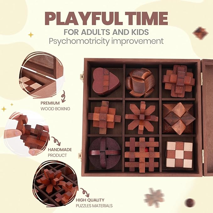 Wooden Brain Teaser Puzzles for Adults - Brain Teaser Puzzles with Wooden Box 3D Puzzle Game Toys for Adults Teens - Unlock Interlocking Puzzle Adult IQ Education Smart Toys