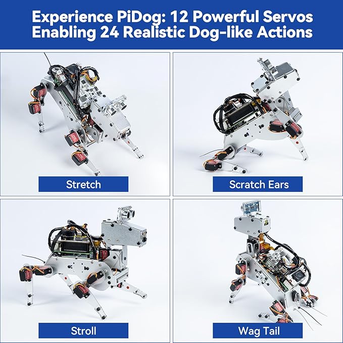 SunFounder PiDog AI Robot Dog Kit for Raspberry Pi 5/4/3B+/Zero 2W, LLMs ChatGPT-4o/Gemini/Grok, Voice&Video Recognition, Python, App Control, Battery, Gyroscope, Camera (RPI NOT Included)