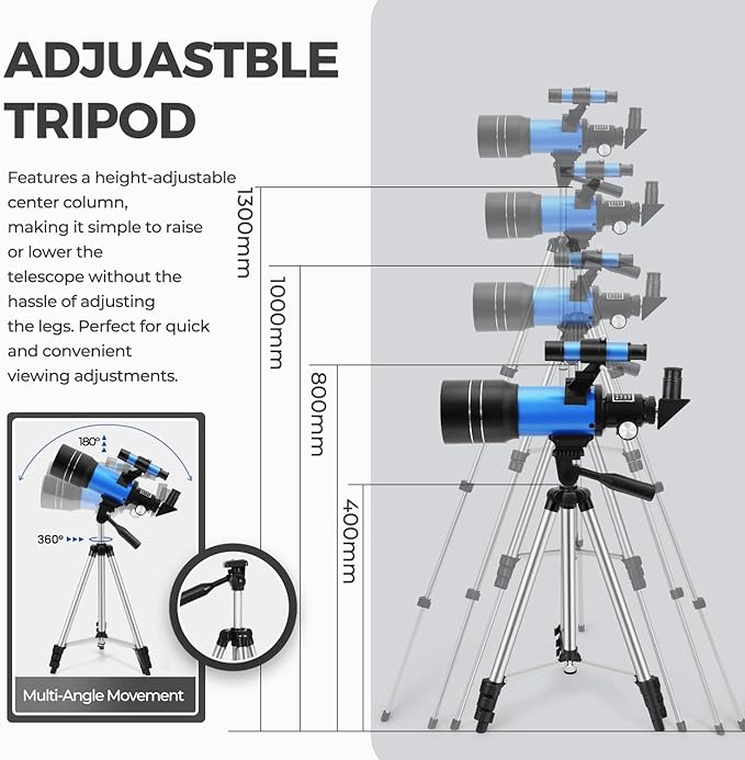ESAKO Telescope for Kids & Beginners, 70mm Aperture Portable Telescopes with 3 Eyepieces, Height Adjustable Tripod & Phone Adapter & Remote Control Gift for Christmas