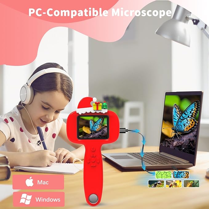 1000X Microscope for Kids with 16 Slides, 2.4" Handheld Digital Pocket Microscope, STEM Educational Science Toys for Christmas Birthday Gifts for 3+ 4 5 6 7 8 9 10 11 12 Year Old Boys Girls, Red